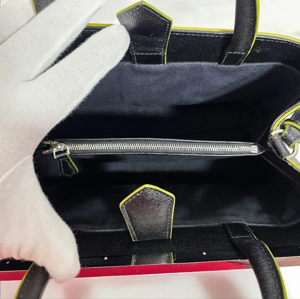 Fendi 2Jours Black Leather Tote Crossbody Bag Multicolor Shearling Logo - Picture 10 of 16